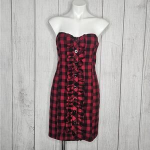 VTG Y2K Red & Black Plaid Strapless Mini Dress w Front Ruffle Placket, sz XL